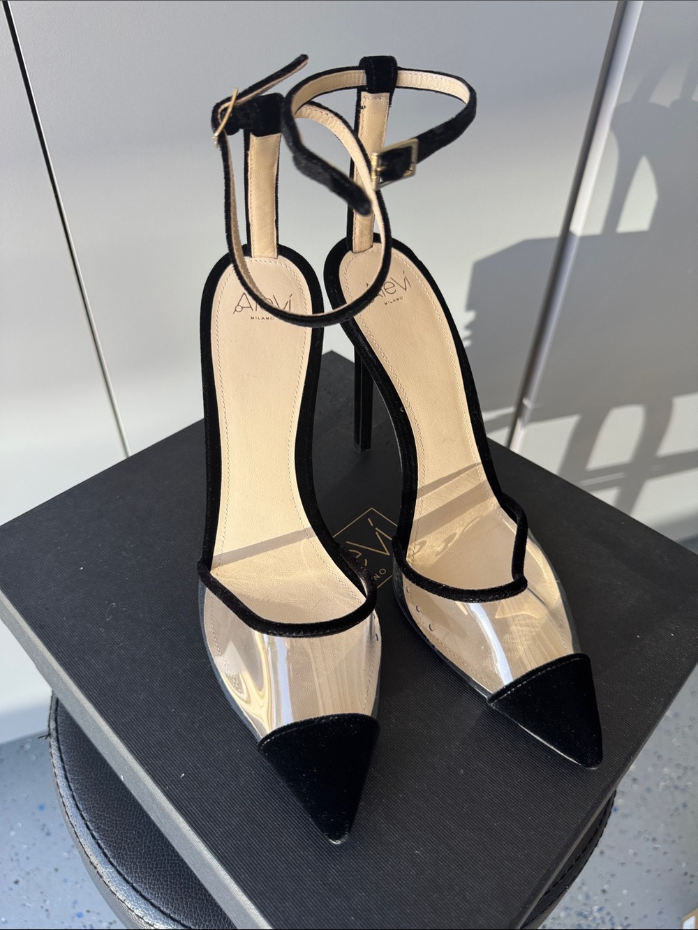Aleví by Milano Women’s Black Pointed-Toe PVC & Suede Ankle-Strap Heels